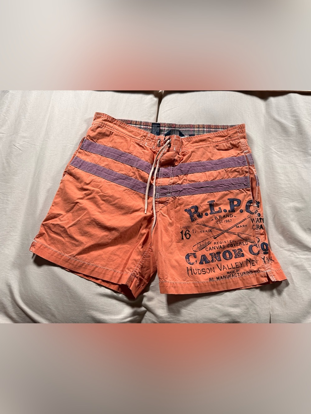 Polo Ralph Lauren Vintage Swim Shorts Mesh Lined Orange Canoe New York Med Y2K